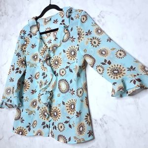 Notations Ruffle Collar Blouse Floral Top Blue M